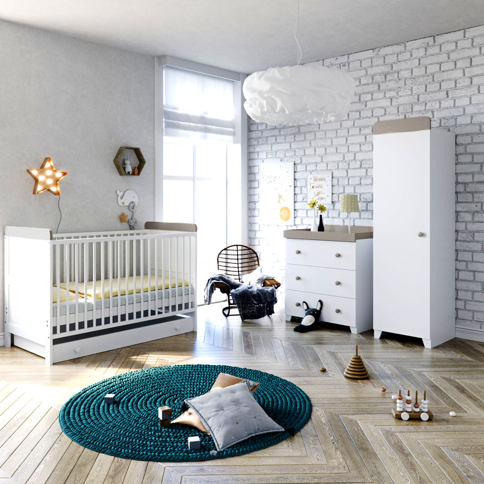 Little Acorns Classic Milano Cot Bed 5 Piece Nursery Furniture Set with Deluxe Foam Mattress - White / Grey Little Acorns Classic Milano Cot Bed 5 Piece Nursery Furniture Set with Deluxe Foam Mattress - White / Grey