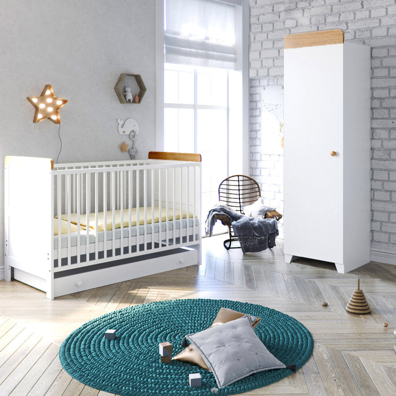 Little Acorns Classic Milano Cot Bed 3 Piece Nursery Furniture Set with Deluxe Maxi Air Cool Mattress - White & Oak Little Acorns Classic Milano Cot Bed 3 Piece Nursery Furniture Set with Deluxe Maxi Air Cool Mattress - White & Oak