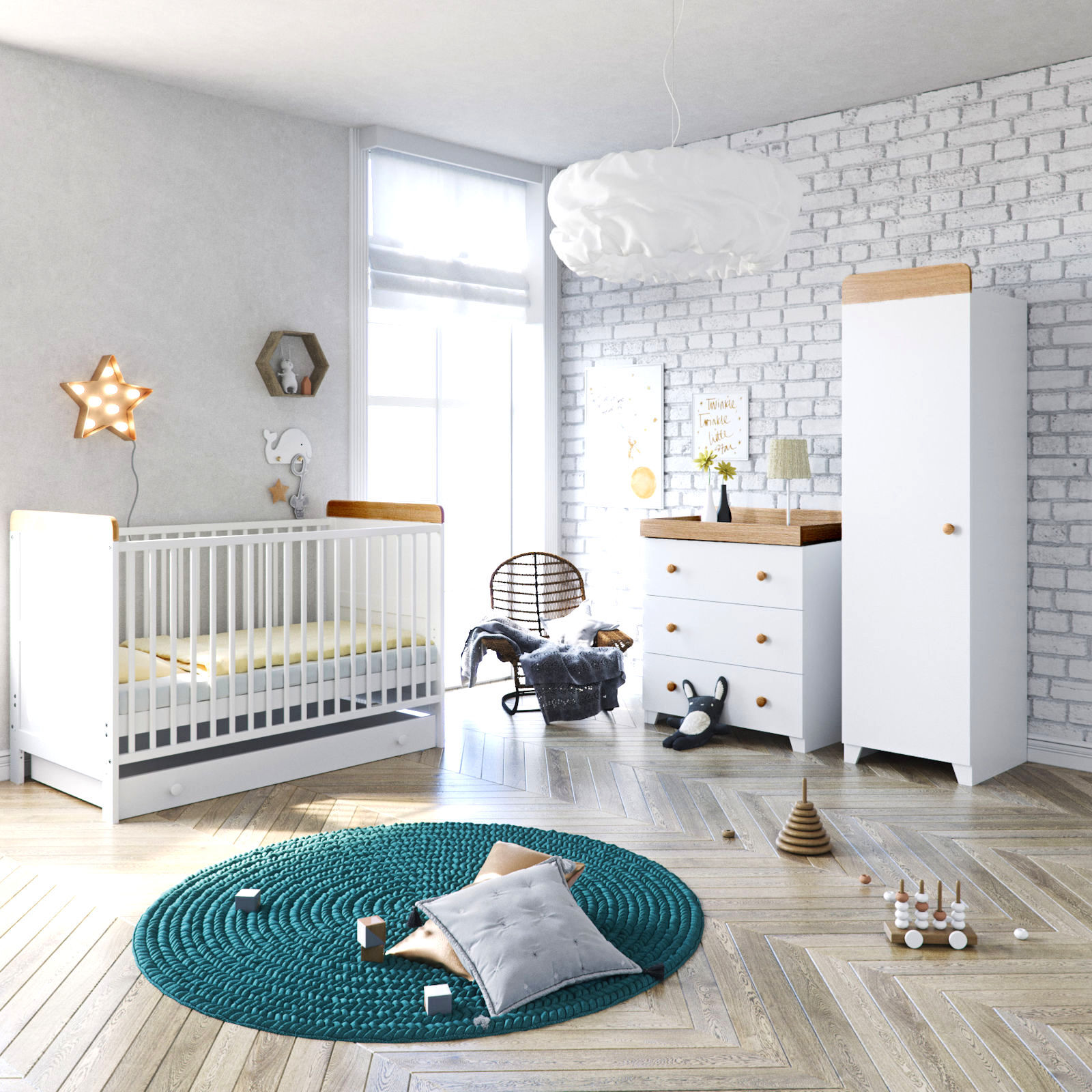 Little Acorns Classic Milano Cot Bed 6 Piece Nursery Furniture Set with Deluxe Maxi Air Cool Mattress - White & Oak Little Acorns Classic Milano Cot Bed 6 Piece Nursery Furniture Set with Deluxe Maxi Air Cool Mattress - White & Oak