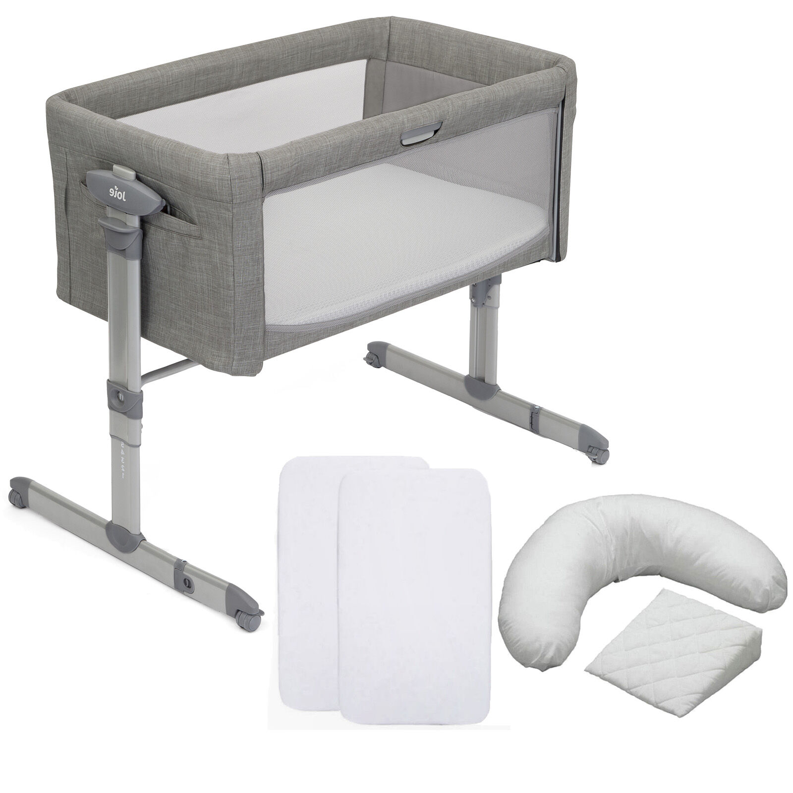 Joie Roomie Glide 5 Piece Bedside Crib Nursery Bundle - Foggy Grey