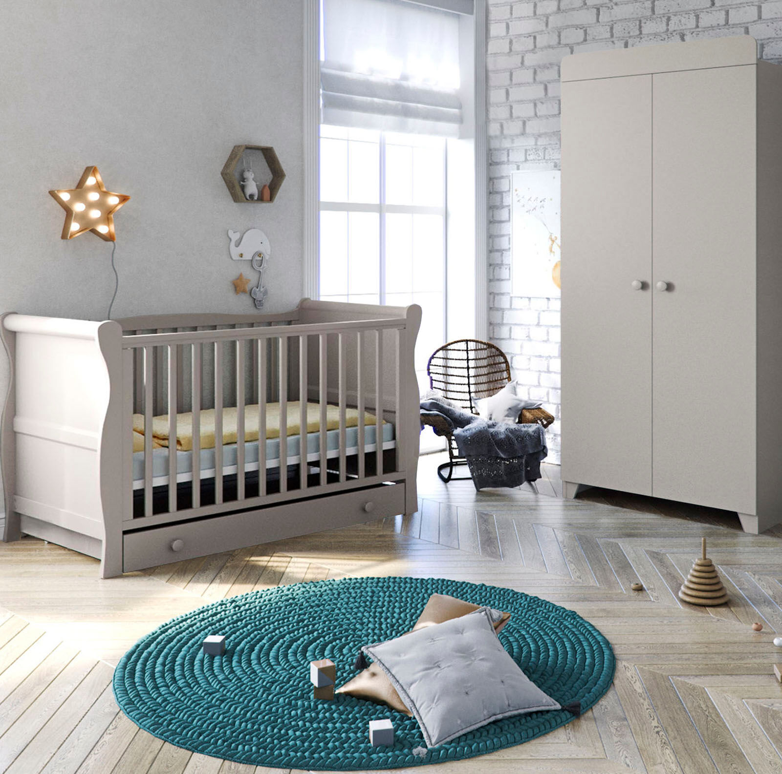 Little Acorns Sleigh Cot Bed 3 Piece Nursery Furniture Set with Deluxe 5inch Maxi Air Cool Mattress - Grey Little Acorns Sleigh Cot Bed 3 Piece Nursery Furniture Set with Deluxe 5inch Maxi Air Cool Mattress - Grey
