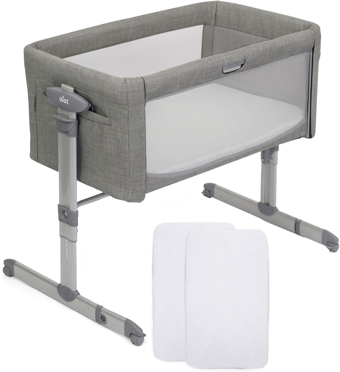 Joie Roomie Glide Bedside Crib With 2 Fitted Sheets  - Foggy Grey Joie Roomie Glide Bedside Crib With 2 Fitted Sheets  - Foggy Grey