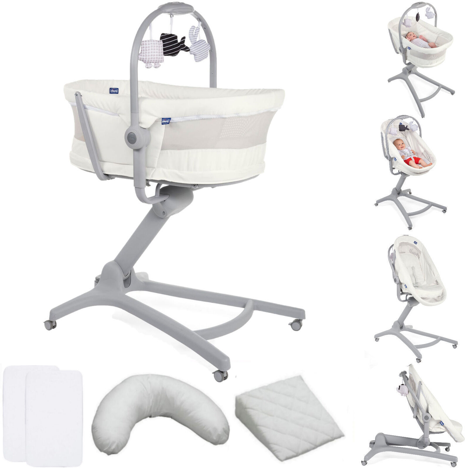 Chicco 4in1 Baby Hug Crib / Seat, Sheets & Pillow Pack Bundle - White Snow Chicco 4in1 Baby Hug Crib / Seat, Sheets & Pillow Pack Bundle - White Snow