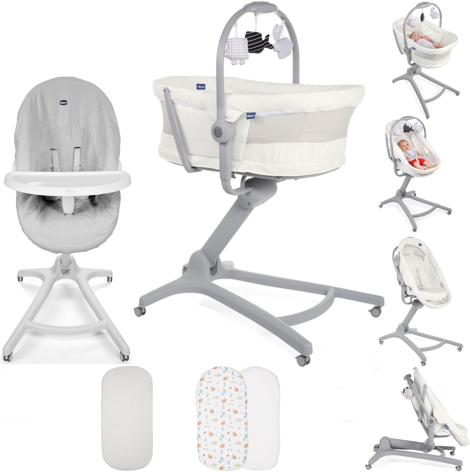 Chicco 5 Piece 4in1 Baby Hug Seat, High Chair & Crib Meal Time Nursery Bundle - White Snow Chicco 5 Piece 4in1 Baby Hug Seat, High Chair & Crib Meal Time Nursery Bundle - White Snow