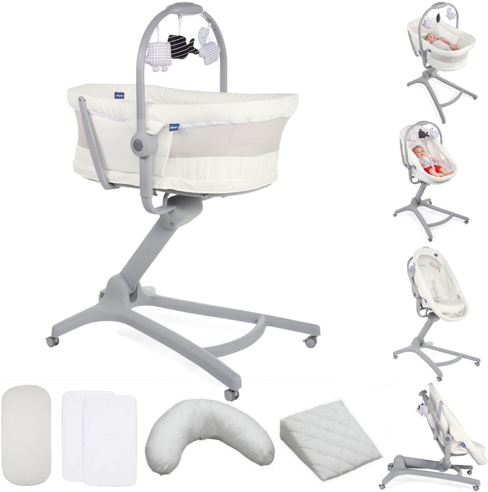 Chicco 4in1 Baby Hug Crib / Seat, Sheets, Mattress & Pillow Pack Bundle - White Snow Chicco 4in1 Baby Hug Crib / Seat, Sheets, Mattress & Pillow Pack Bundle - White Snow