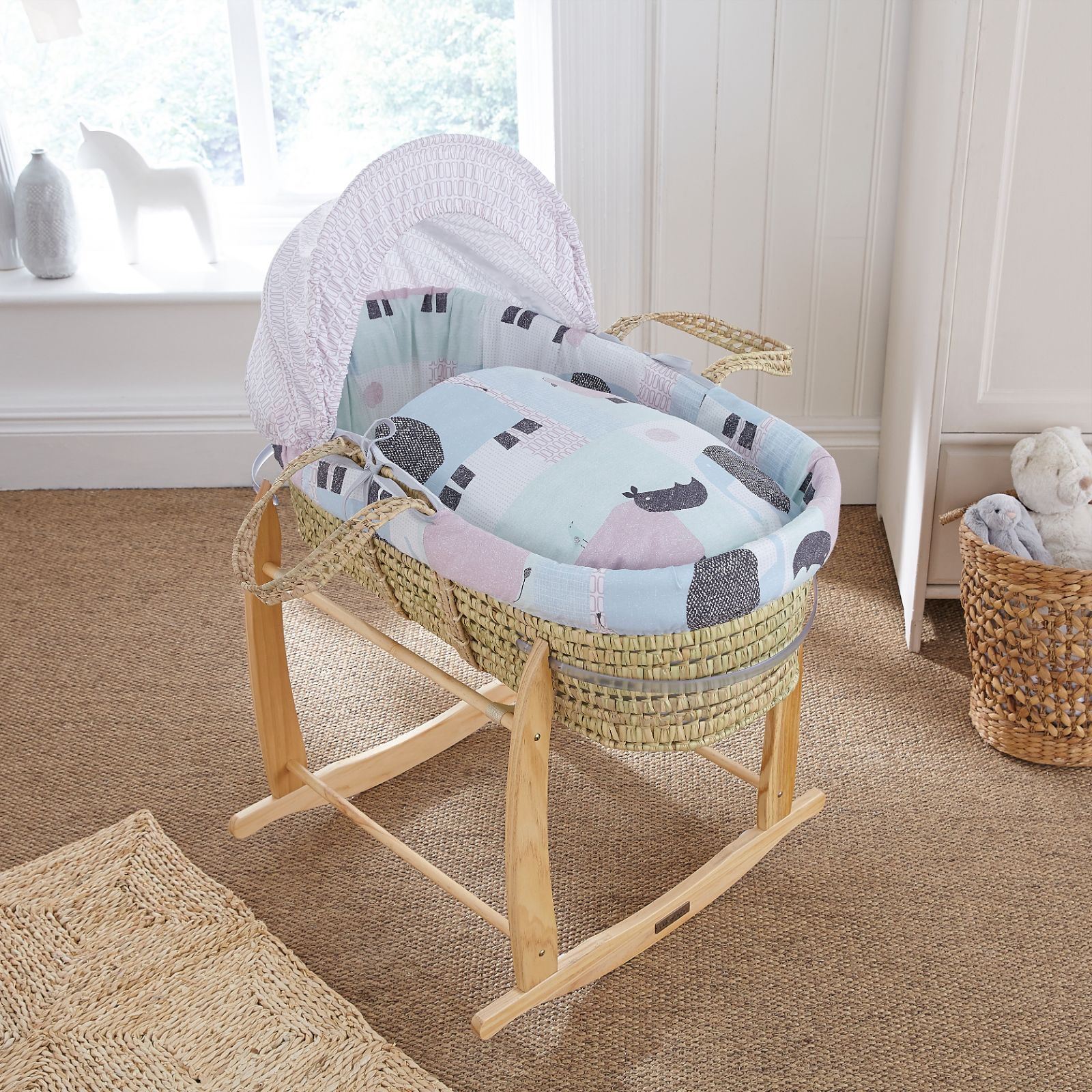 Clair De Lune Palm Moses Basket with Rocking Stand - Stanley & Pip