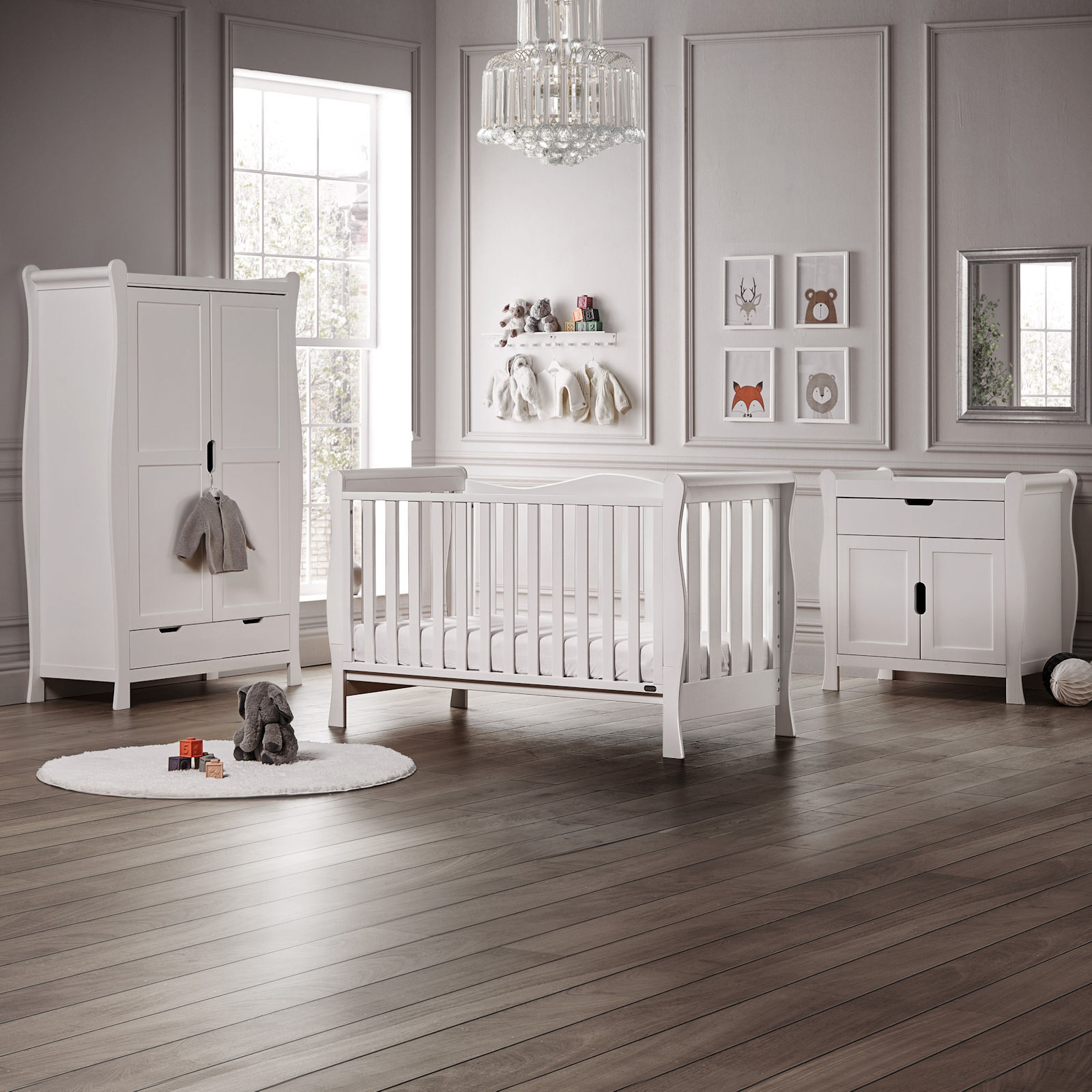 Puggle Prestbury Slatted Luxe Deluxe Sleigh 6pc Nursery Furniture Set with Fibre Mattress - White