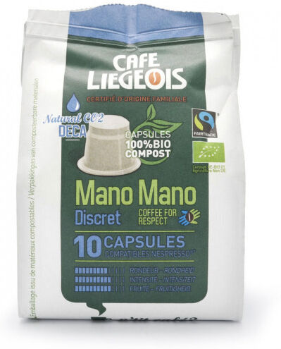 Café Liégeois Coffee capsules Café Liégeois "Mano Mano Discret Deca", 10 pcs. Café Liégeois Coffee capsules Café Liégeois "Mano Mano Discret Deca", 10 pcs.