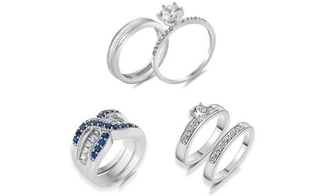 Groupon Goods Global GmbH Rhodium-Plated Simulated Sapphire Ring Set