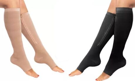 Groupon Goods Global GmbH One or Two Pairs of Knee-High Open-Toe Zipped Compression Socks Groupon Goods Global GmbH One or Two Pairs of Knee-High Open-Toe Zipped Compression Socks