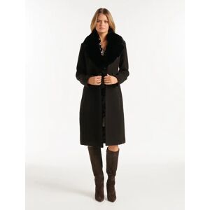 Forever New Women's Nina Double-Breasted Faux Fur Collar Coat in Black, Size 16 Polyester/Acrylic/Wool