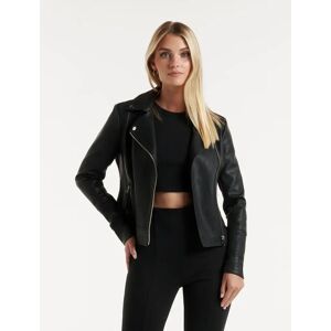 Forever New Women's Heidi Faux Leather Biker Jacket in Black, Size 8 Viscose/Polyester with polyurethane coating Bodice/Cotton