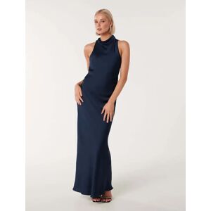 Forever New Women's Michelle Open-Back Satin Maxi Dress in Navy, Size 16 Polyester/Viscose/Polyester