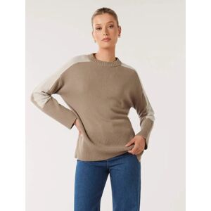 Forever New Women's Bianca Relaxed Longline Crew-Neck Sweater in Mushroom/Stone Colour Block, Size Large Wool/Viscose/Polyamide