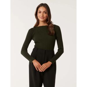 Forever New Women's Evie Petite Long-Sleeve Rib Knit Top in Green, Size 2X-Small Viscose/Polyamide/Elastane