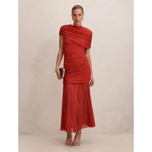 Forever New Women's Elouise Asymmetric Cape Mesh Maxi Dress in Dark Red, Size 12 Recycled Polyester/Spandex Forever New Women's Elouise Asymmetric Cape Mesh Maxi Dress in Dark Red, Size 12 Recycled Polyester/Spandex
