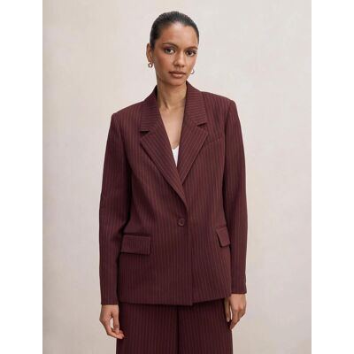 Forever New Women's Paloma Petite Single Breasted Blazer Jacket in Berry Pinstripe Suit, Size 8 Recycled Polyester/Viscose Forever New Women's Paloma Petite Single Breasted Blazer Jacket in Berry Pinstripe Suit, Size 8 Recycled Polyester/Viscose