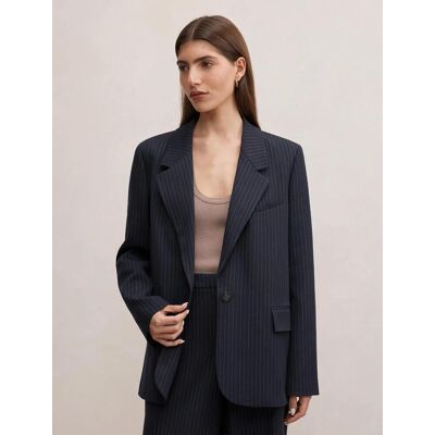 Forever New Women's Paloma Single Breasted Blazer Jacket in Navy Pinstripe Suit, Size 8 Recycled Polyester/Viscose Forever New Women's Paloma Single Breasted Blazer Jacket in Navy Pinstripe Suit, Size 8 Recycled Polyester/Viscose