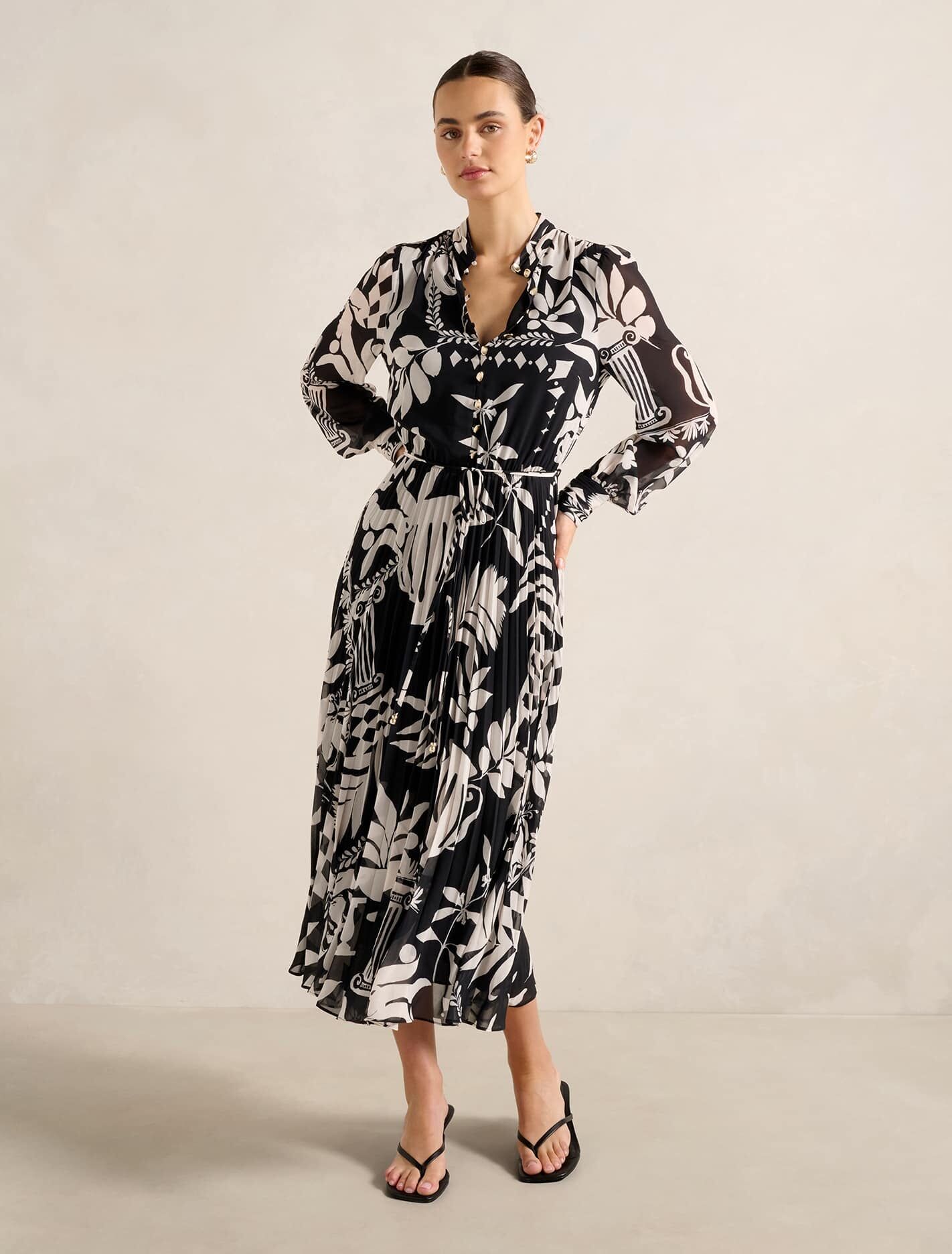 Forever New Women's Annabel Button-Through Midi Dress in Mono Rhodes Collage, Size 12 Main/Polyester