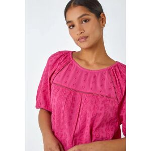 Roman Broderie Puff Sleeve Cotton Top in Pink 20 female