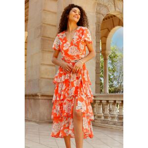 Roman Floral Chiffon Tiered Asymmetric Midi Dress 10 female Roman Floral Chiffon Tiered Asymmetric Midi Dress 10 female