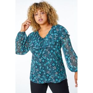 Roman Curve Floral V-Neck Frill Top 26-28 female Roman Curve Floral V-Neck Frill Top 26-28 female