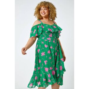 Roman Curve Floral Cold Shoulder Chiffon Frill Dress 30-32 female Roman Curve Floral Cold Shoulder Chiffon Frill Dress 30-32 female