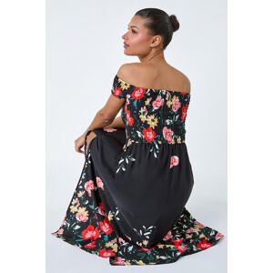 Roman Floral Shirred Bardot Stretch Maxi Dress 10 female Roman Floral Shirred Bardot Stretch Maxi Dress 10 female
