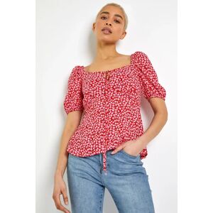 Dusk Fashion Ditsy Floral Tie Neck Peplum Top in Red 16 female