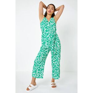 Dusk Fashion Sleeveless Leaf Print Button Jumpsuit in Green 14 female