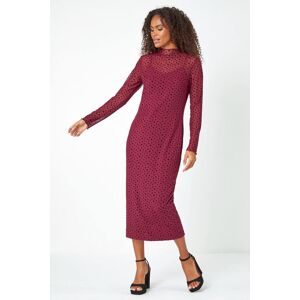 Dusk Fashion Polka Dot Print Mesh Midi Stretch Dress in Wine 14 female