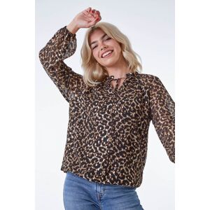 Dusk Fashion Leopard Print Metallic Detail Tie Neck Top in Camel 8 female