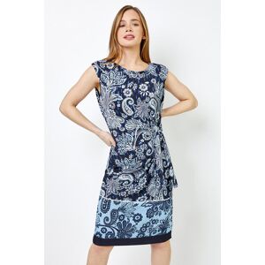 Roman Petite Petite Paisley Print Tie Waist Dress in Navy 12 female