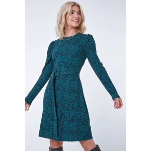 Dusk Fashion Leopard Print Belted Fit & Flare Dress in Dark Green 12 female