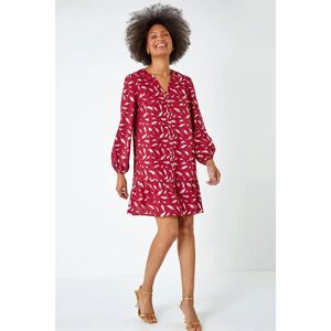 Dusk Fashion Metallic Feather Print Shirt Dress in Wine 14 female