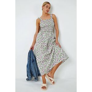 Dusk Fashion Floral Print Shirred Stretch Maxi Dress in Ivory 14 female