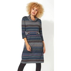 Roman Women's Stripe Cowl Neck Button Detail Casual Knitted Dress in Grey - Size 12 12 female