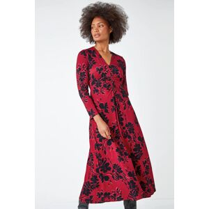 Dusk Fashion Floral Print Ruched Midi Stretch Dress in Red 10 female