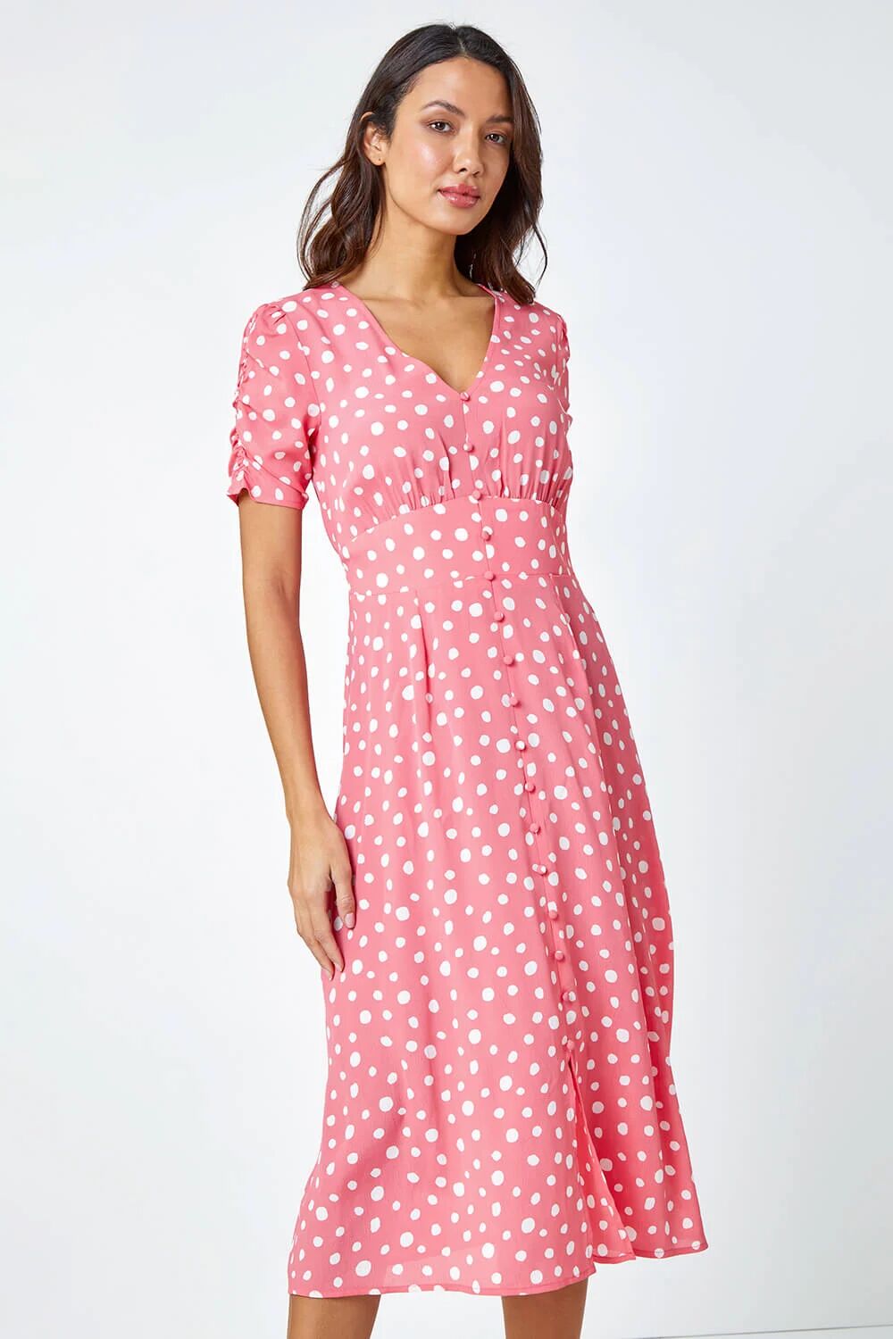 Roman Polka Dot Ruched Sleeve Midi Dress in Pink - Size 18 18 female