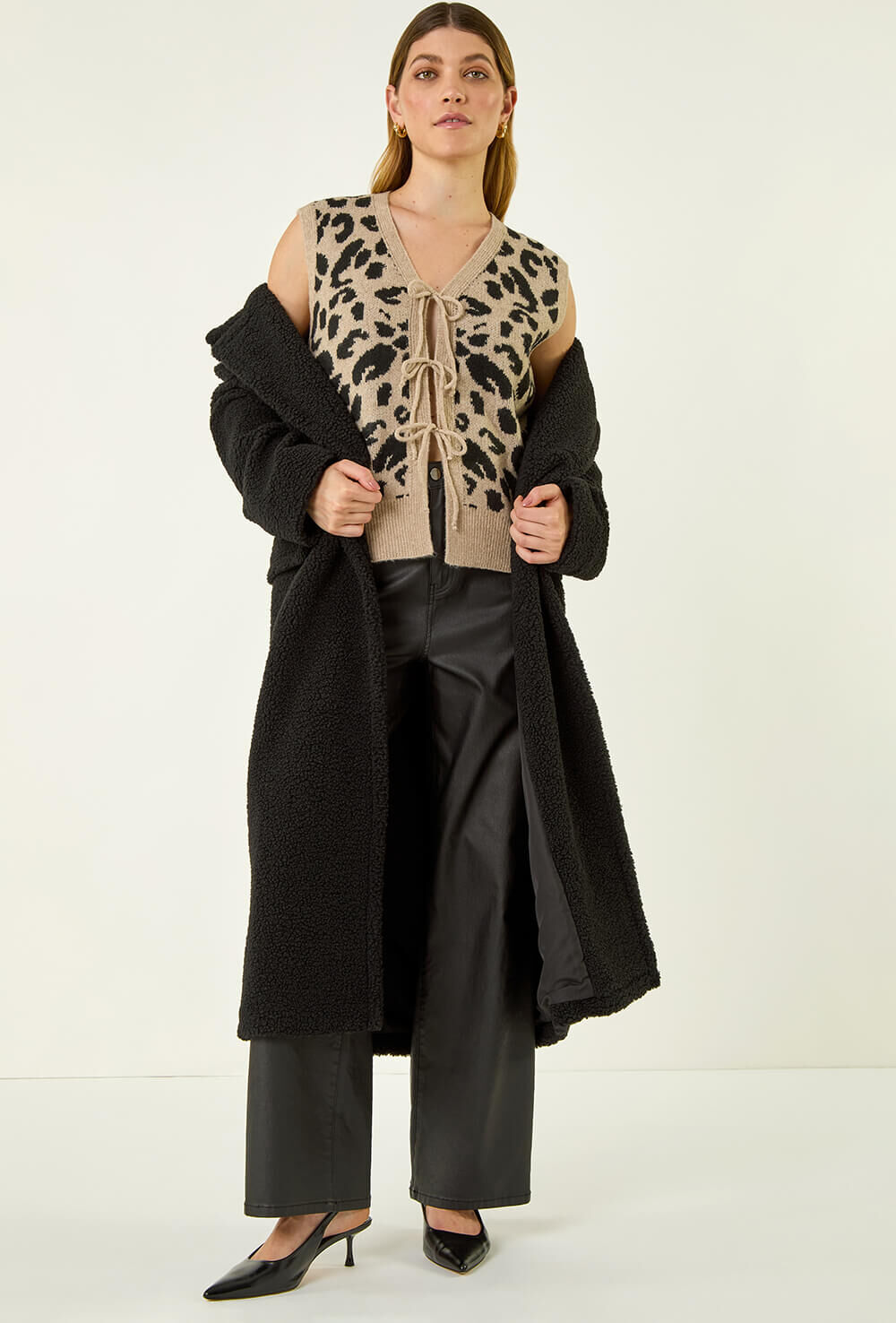 Roman Animal Print Tie Front Knit Top L female