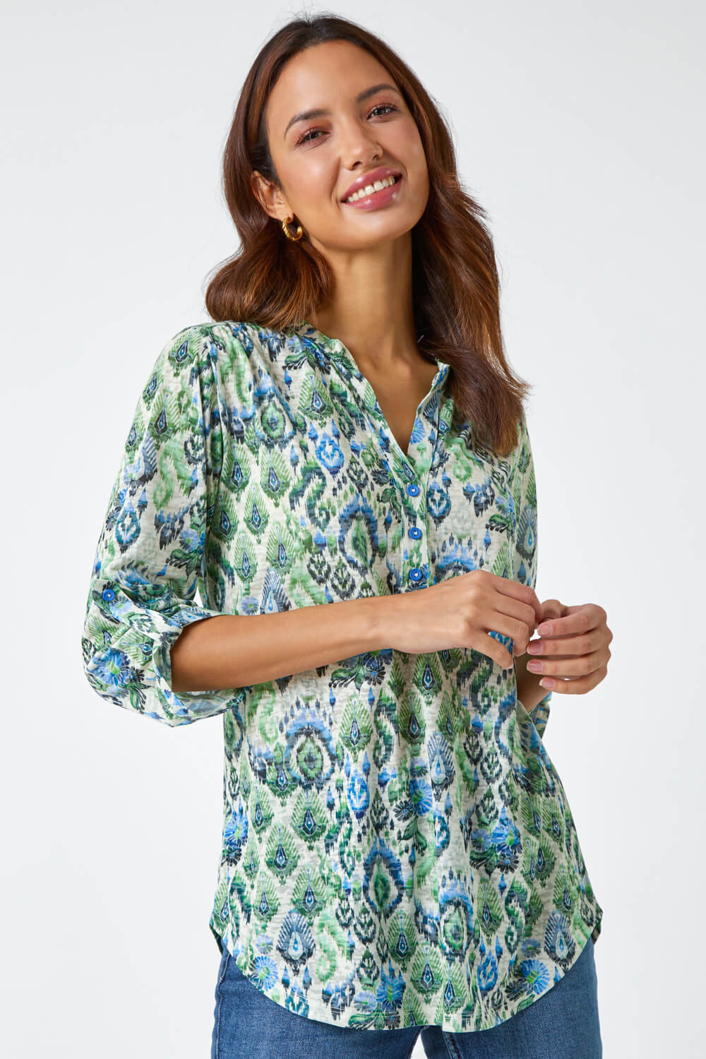 Roman Aztec Burnout Print Relaxed V-Neck Tunic Top 10 female