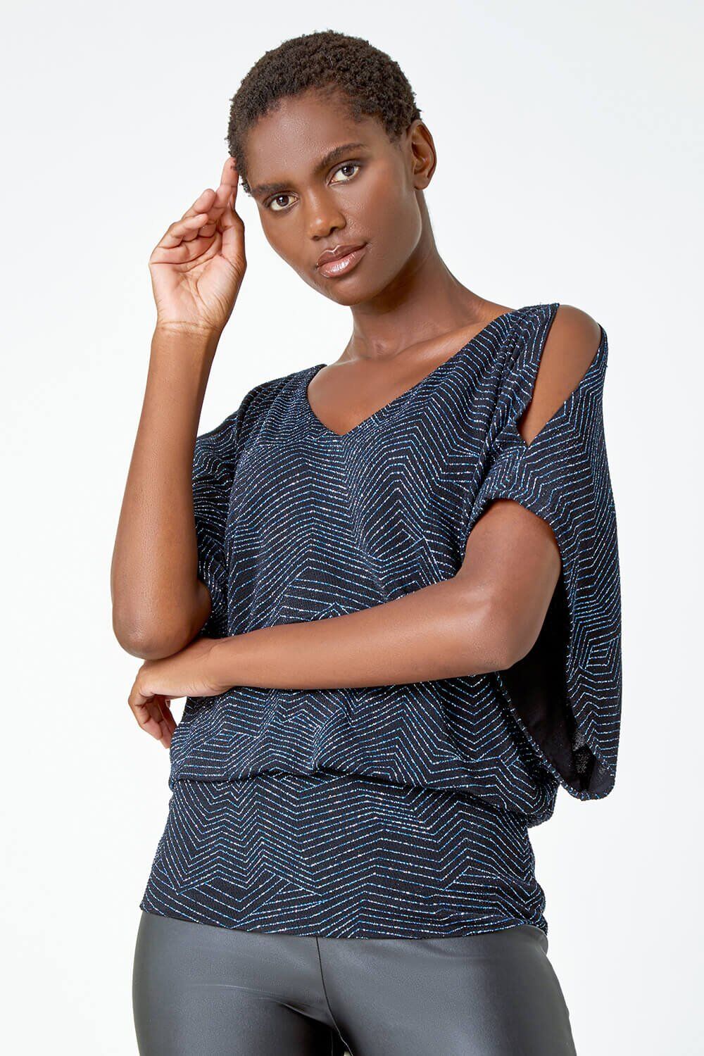 Roman V-Neck Cold Shoulder Glitter Blouson Top 20 female