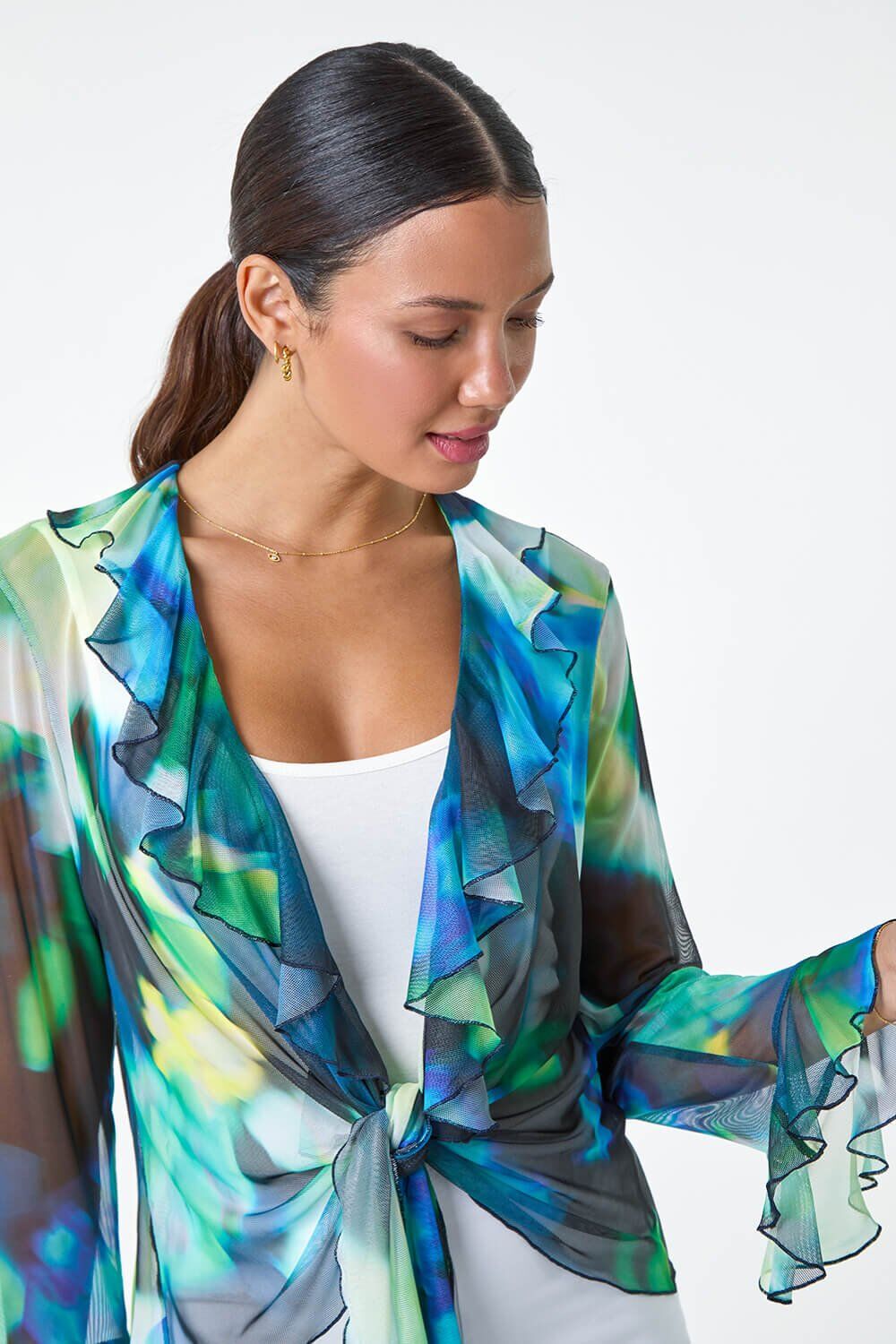 Roman Tie Frill Detail V-Neck Stretch Mesh Top 20 female