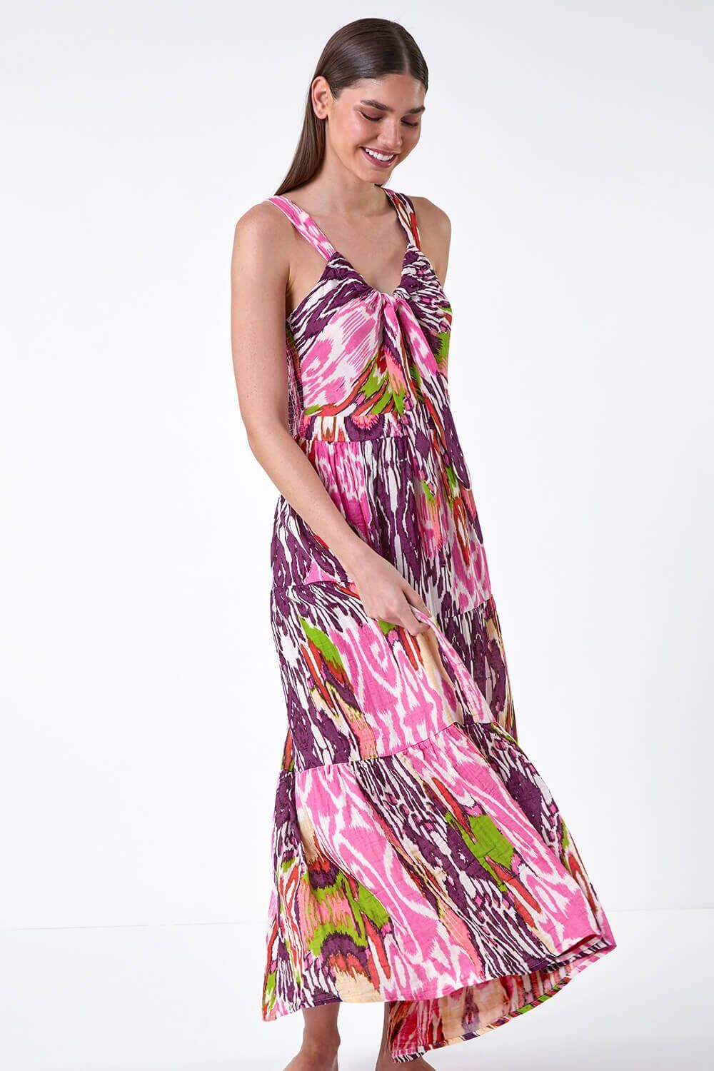 Roman Abstract Tie Front Tiered Maxi Dress 10 female