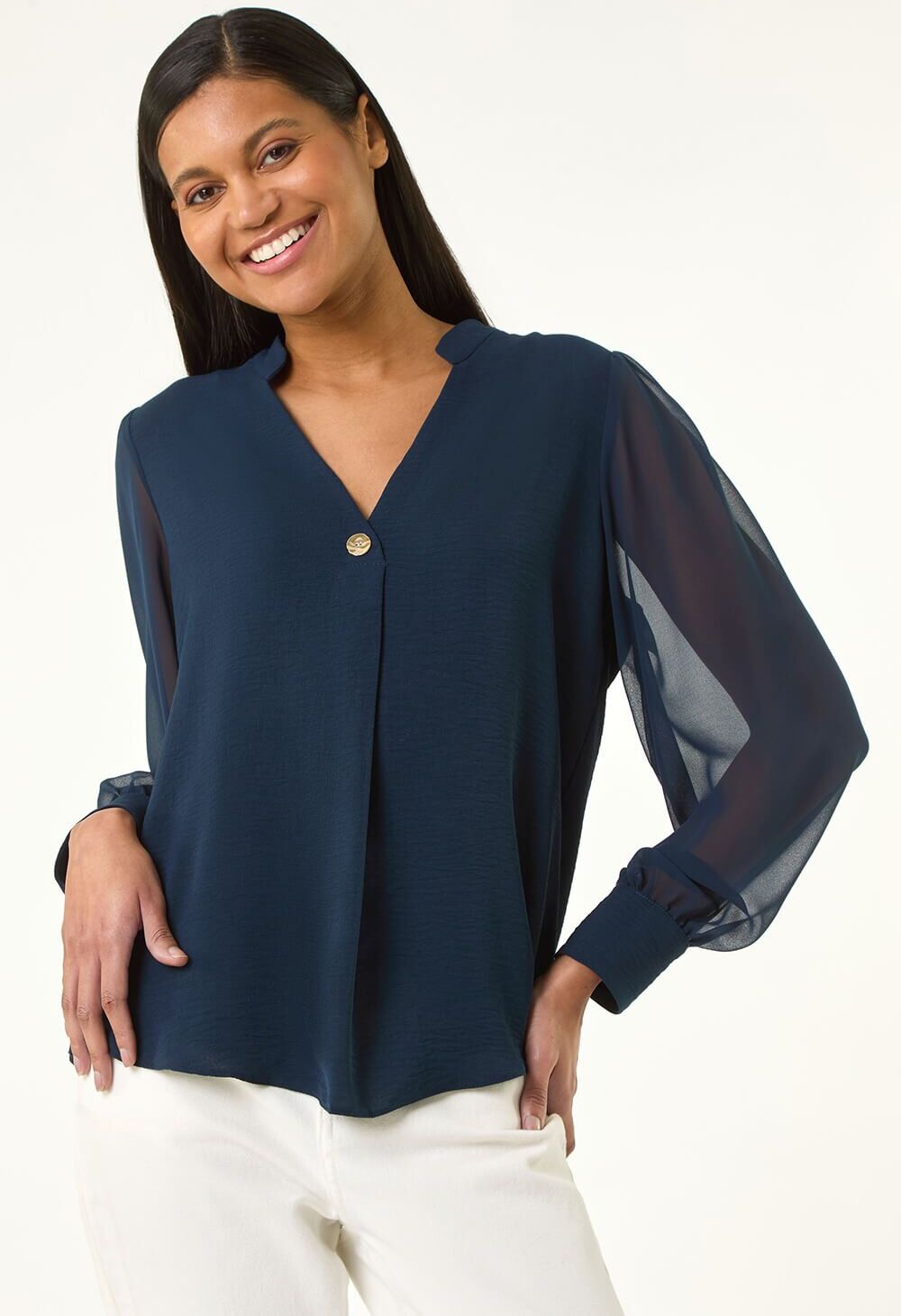 Roman Chiffon Sleeve V-Neck Pleated Top 20 female