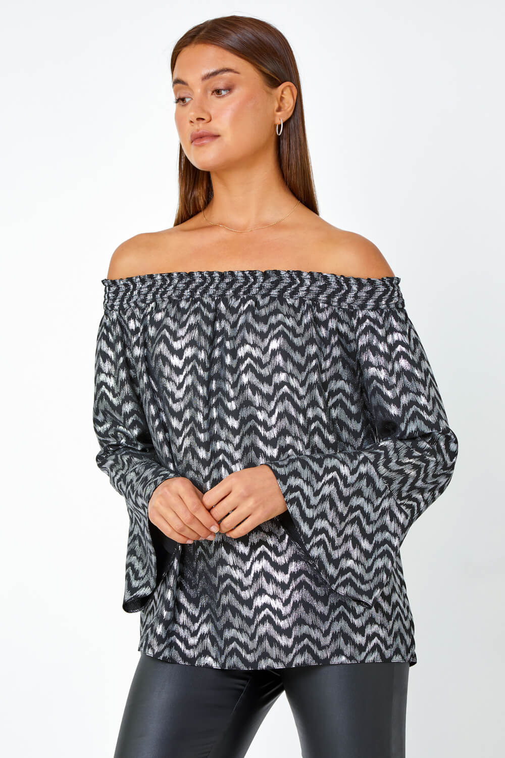 Roman Metallic Zig-Zag Print Bardot Top 10 female