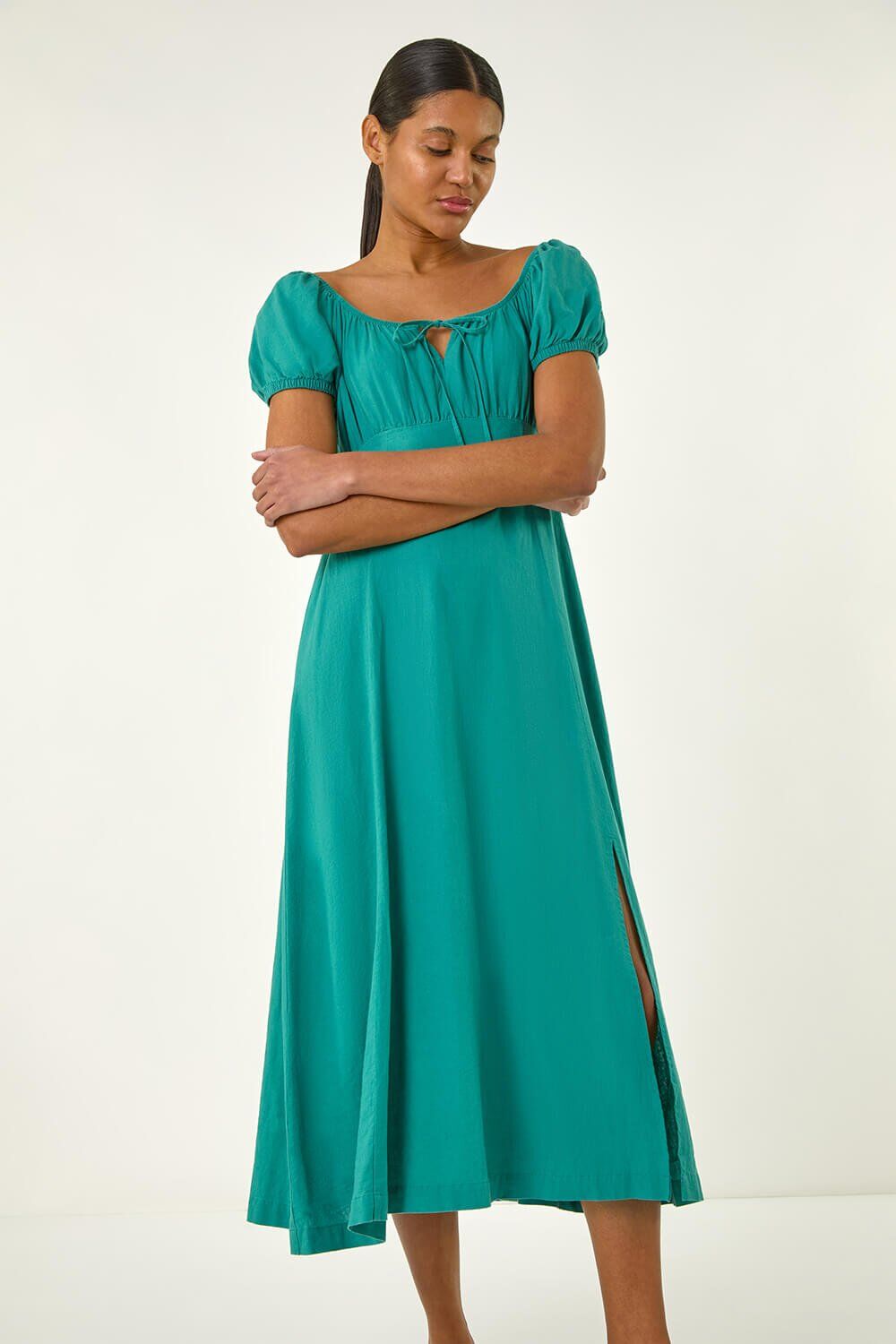 Roman Puff Sleeve Linen Mix Midi Dress 20 female