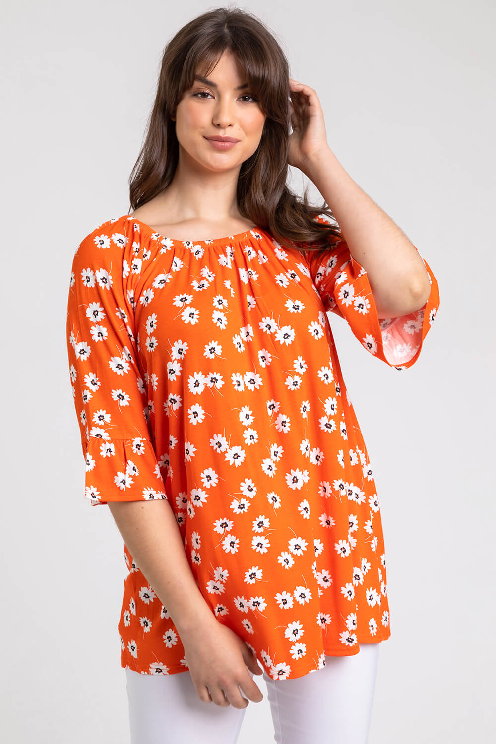 Roman Curve Daisy Print Frill Sleeve Tunic Top 20 female