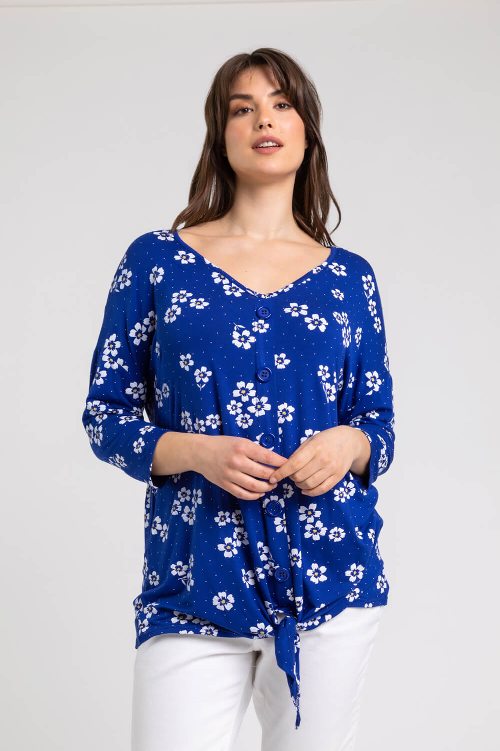 Roman Curve Floral V-Neck Button Down Tie Top 30-32 female