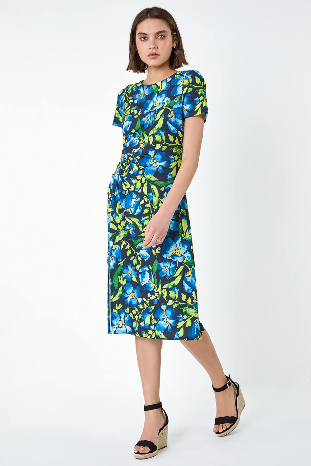 Roman Floral Ruched Bodycon Split Detail Dress 20 female